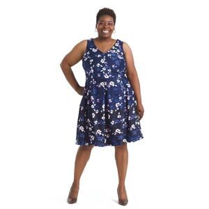Taylor Floral Print Scuba Fit & Flare Blue Plus Size 18W Formal Sleeveless Dress